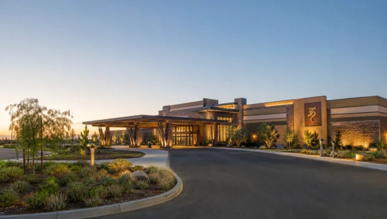 Tachi Palace Casino Resort Lemoore 93 AI-generated exterior view of Tachi Palace Casino Resort Lemoore, Lemoore, California.