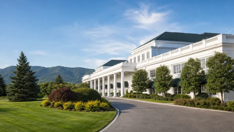 AI-generated exterior view of The Casino Club at The Greenbrier White Sulphur Springs, White Sulphur Springs, West Virginia.