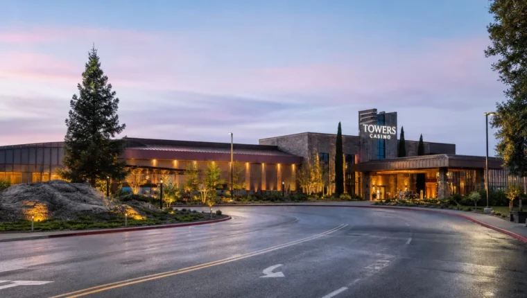 Towers Casino Grass Valley: Poker, Costs, and Hours 99 AI-generated exterior view of Towers Casino Grass Valley, Grass Valley, California.