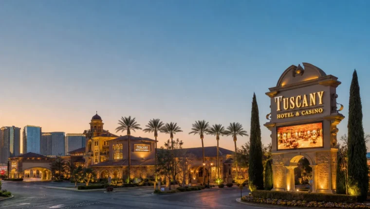 AI-generated exterior view of Tuscany Hotel & Casino Las Vegas, Las Vegas, Nevada.