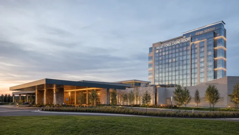 AI-generated exterior view of Valley Forge Casino Resort King Of Prussia, King of Prussia, Pennsylvania.