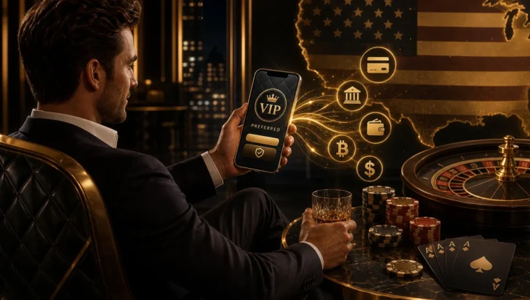 Conceptual editorial illustration for VIP Preferred US Gambling Deposits