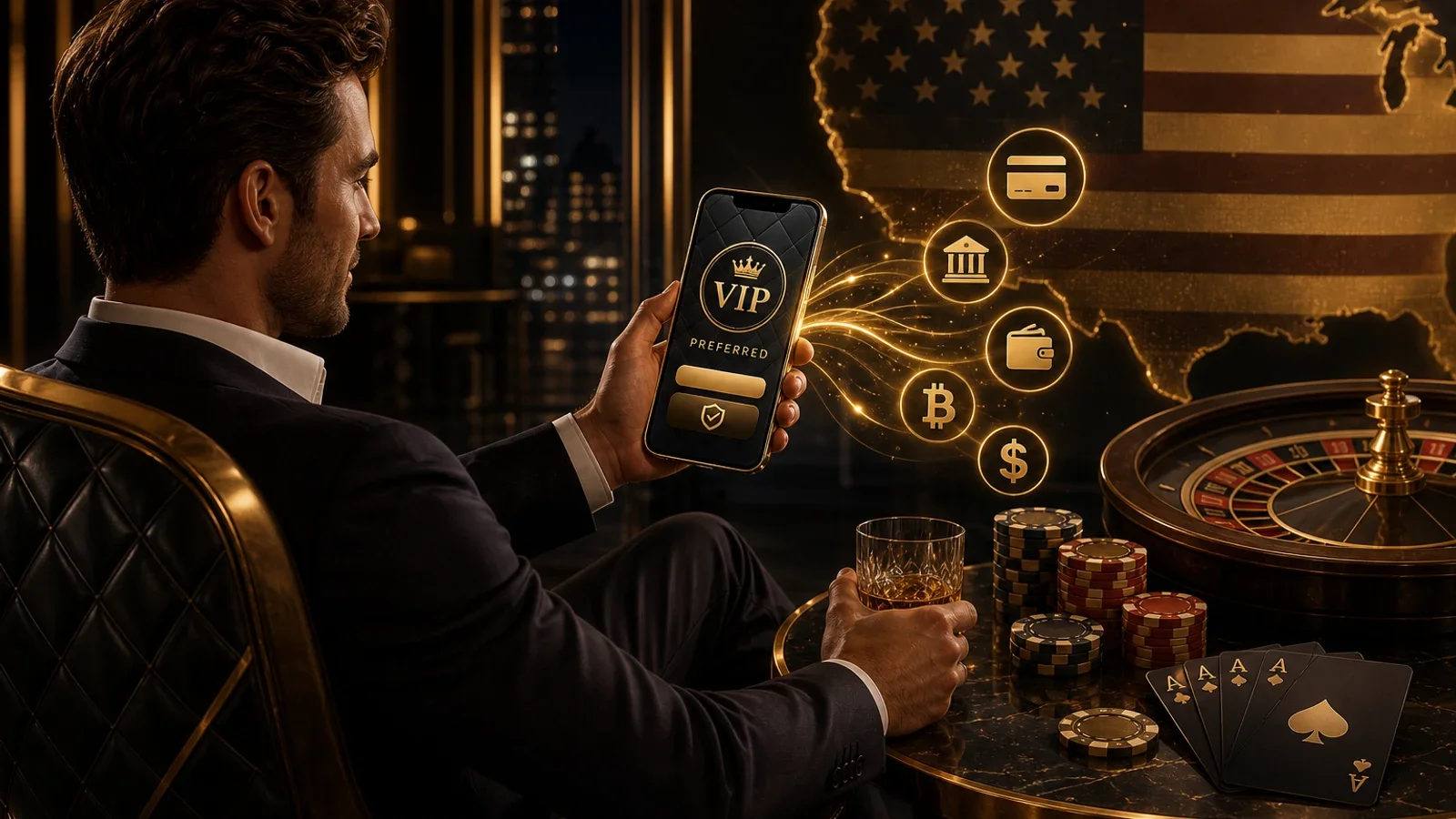 Conceptual editorial illustration for VIP Preferred US Gambling Deposits