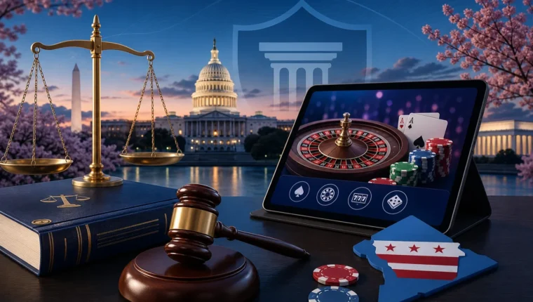 Conceptual editorial illustration for Washington DC Online Casinos: Laws and Options