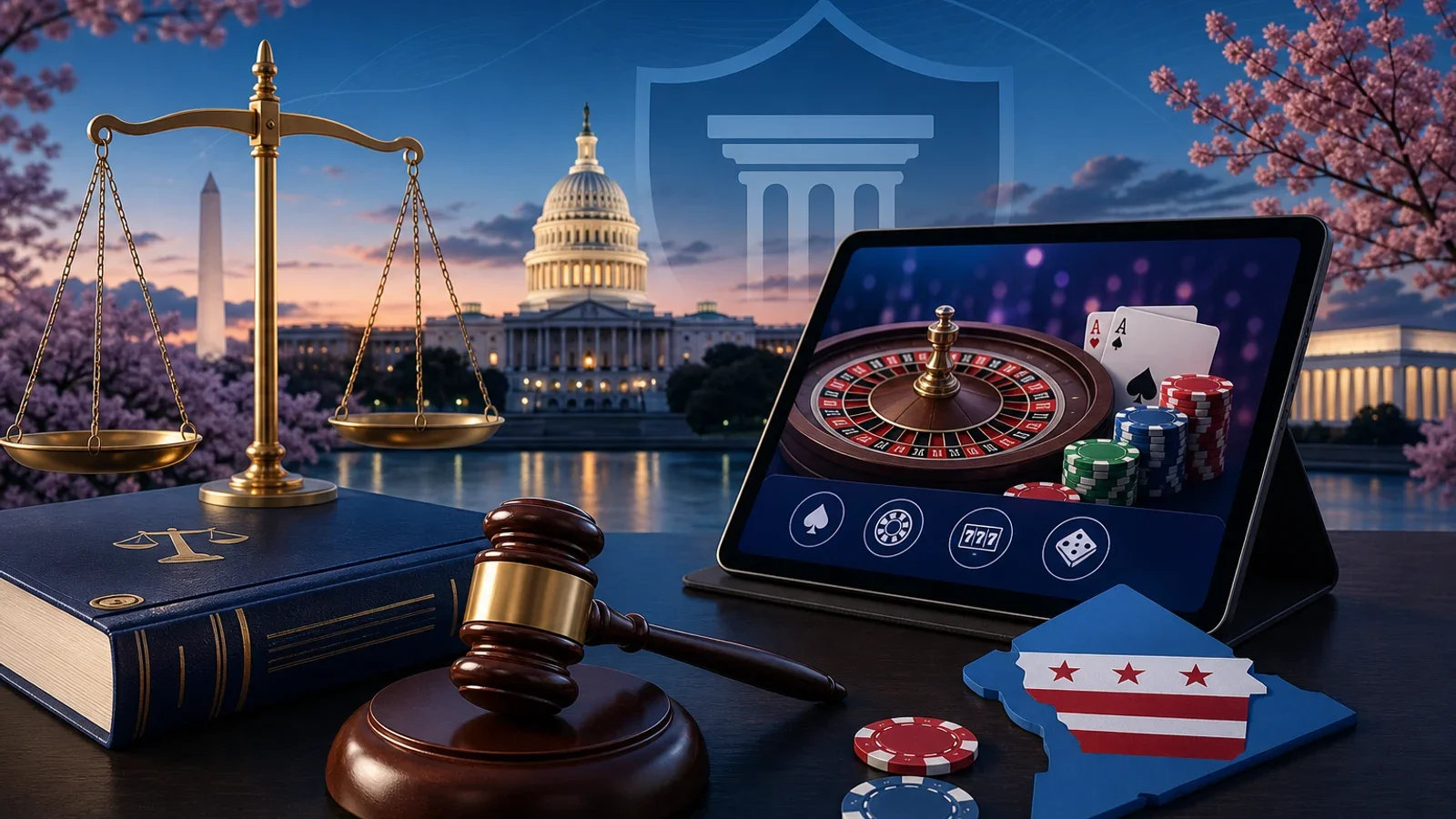 Conceptual editorial illustration for Washington DC Online Casinos: Laws and Options