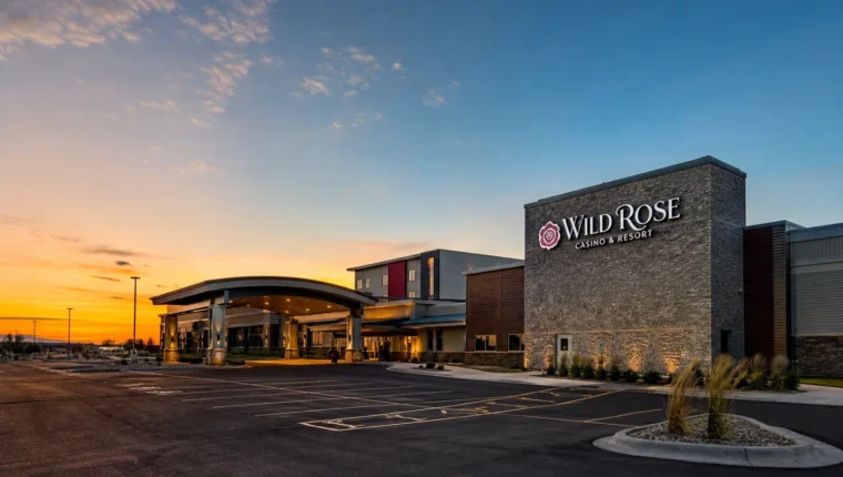 AI-generated exterior view of Wild Rose Casino & Resort Emmetsburg, Emmetsburg, Iowa.