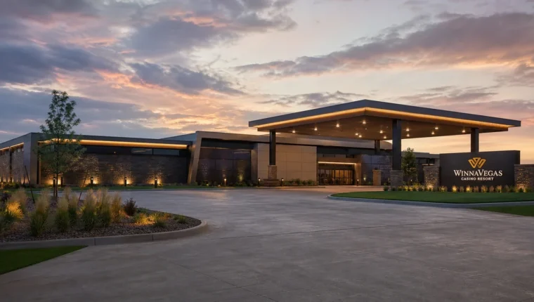 AI-generated exterior view of WinnaVegas Casino Sloan, Sloan, Iowa.