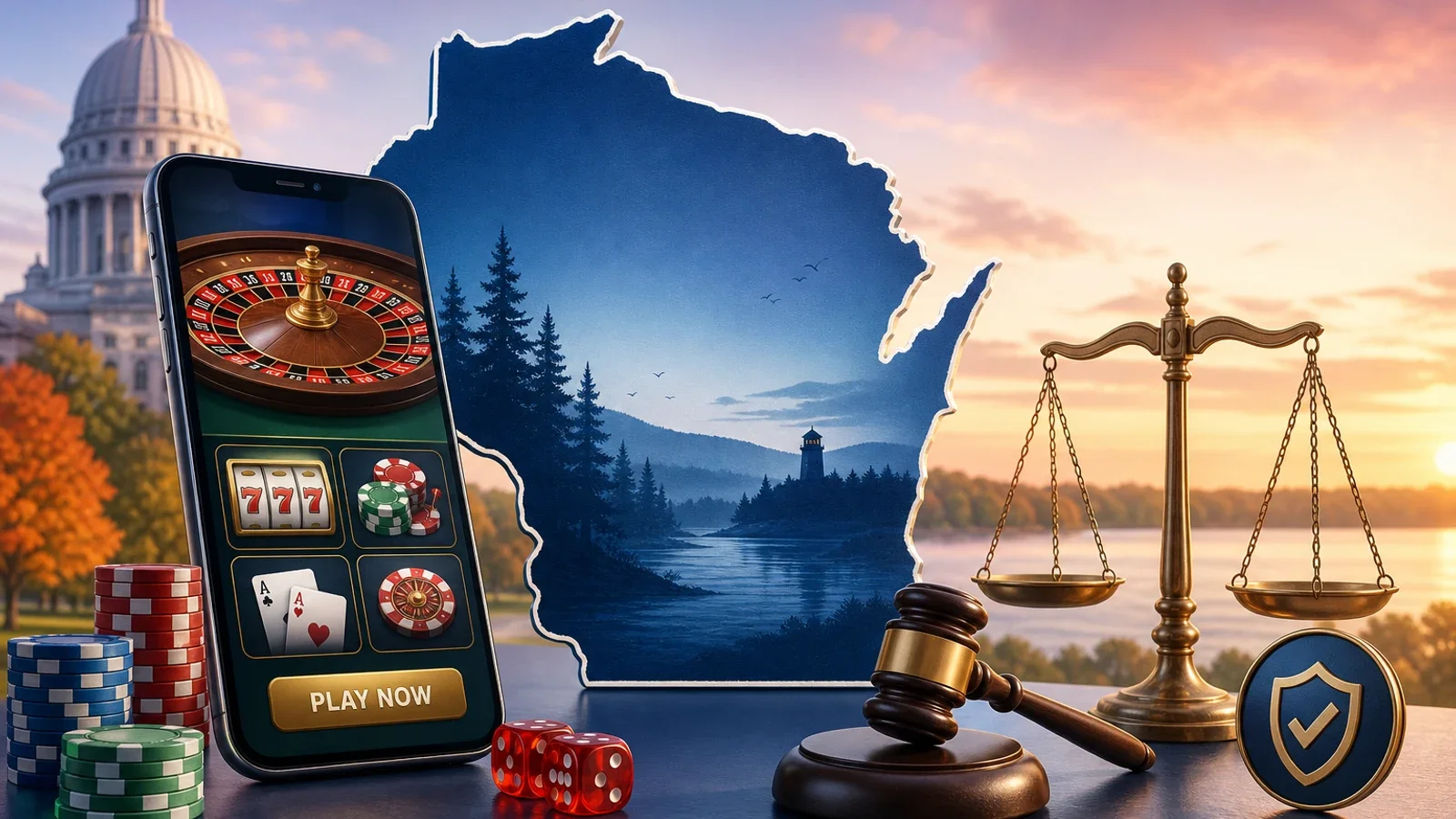 Conceptual editorial illustration for Wisconsin Online Casinos: Legal Status and Apps
